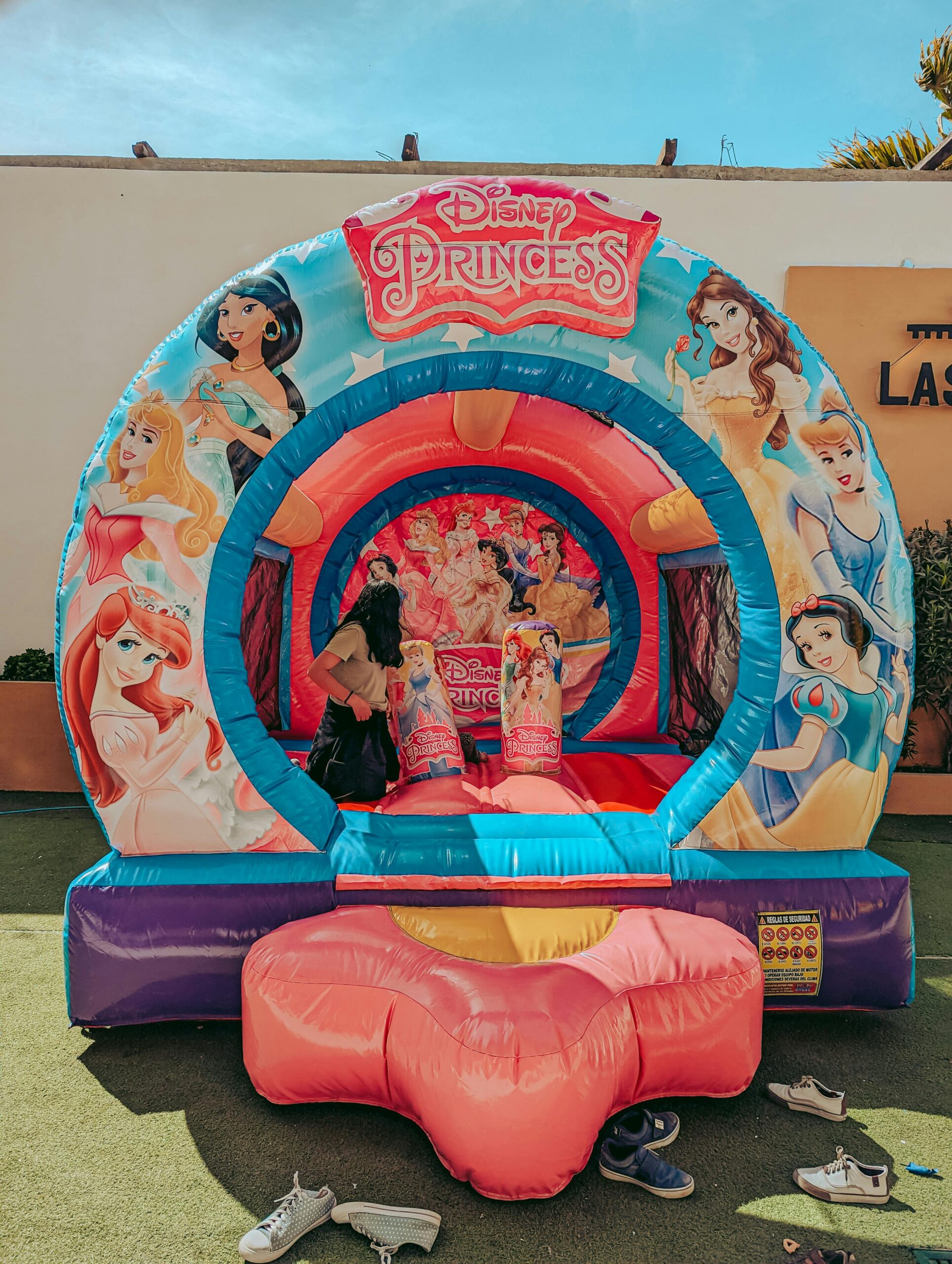 Vibrant Disney Princess-themed bouncy castle set up outdoors during a sunny day, ideal for children's events.